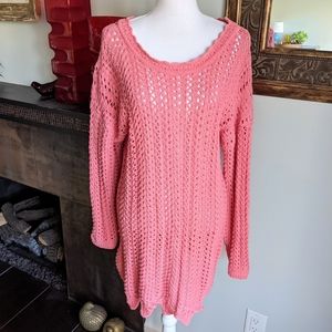 90s Vintage Open Crochet Pink Short Sweater Dress  Long Sleeve Women's Medium